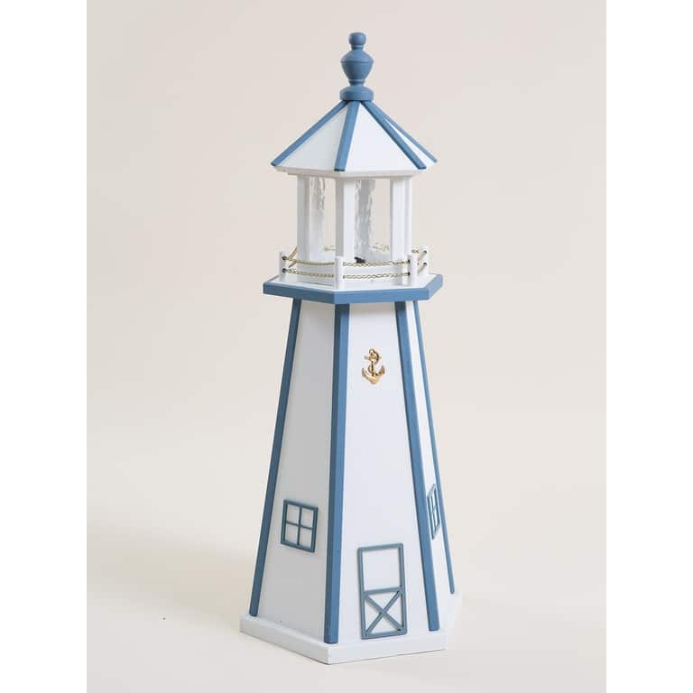 Wooden Lighthouse with Solar Light - 3 Foot - White/Blue