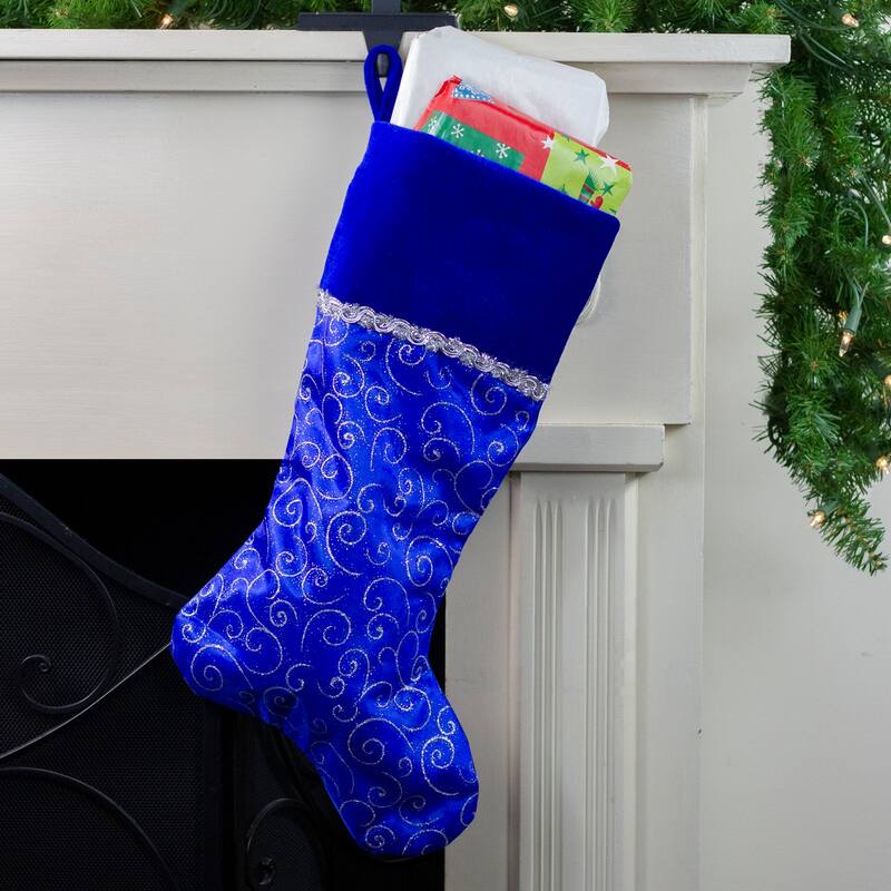 20.5 Royal Blue Silver Swirl Christmas Stocking w/ Velveteen Cuff