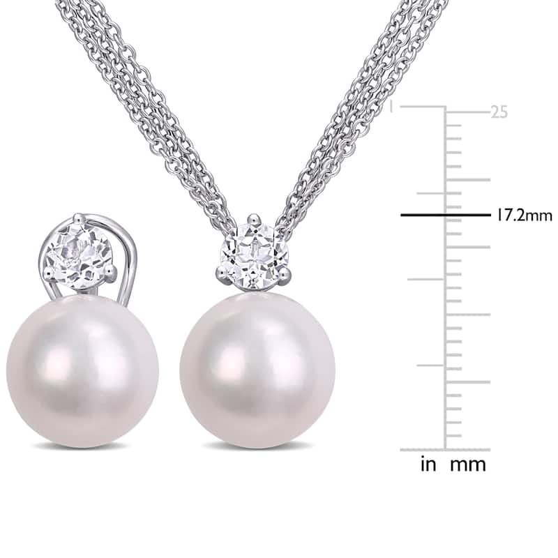 Miadora Sterling Silver Cultured Freshwater Pearl & White Topaz Necklace & Earrings Set (11-12mm)