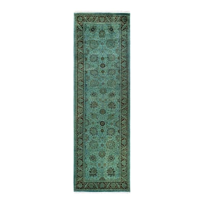 Overton Hand Knotted Wool Vintage Inspired Modern Contemporary Overdyed Blue Runner Rug - 3' 1" x 10' 1"