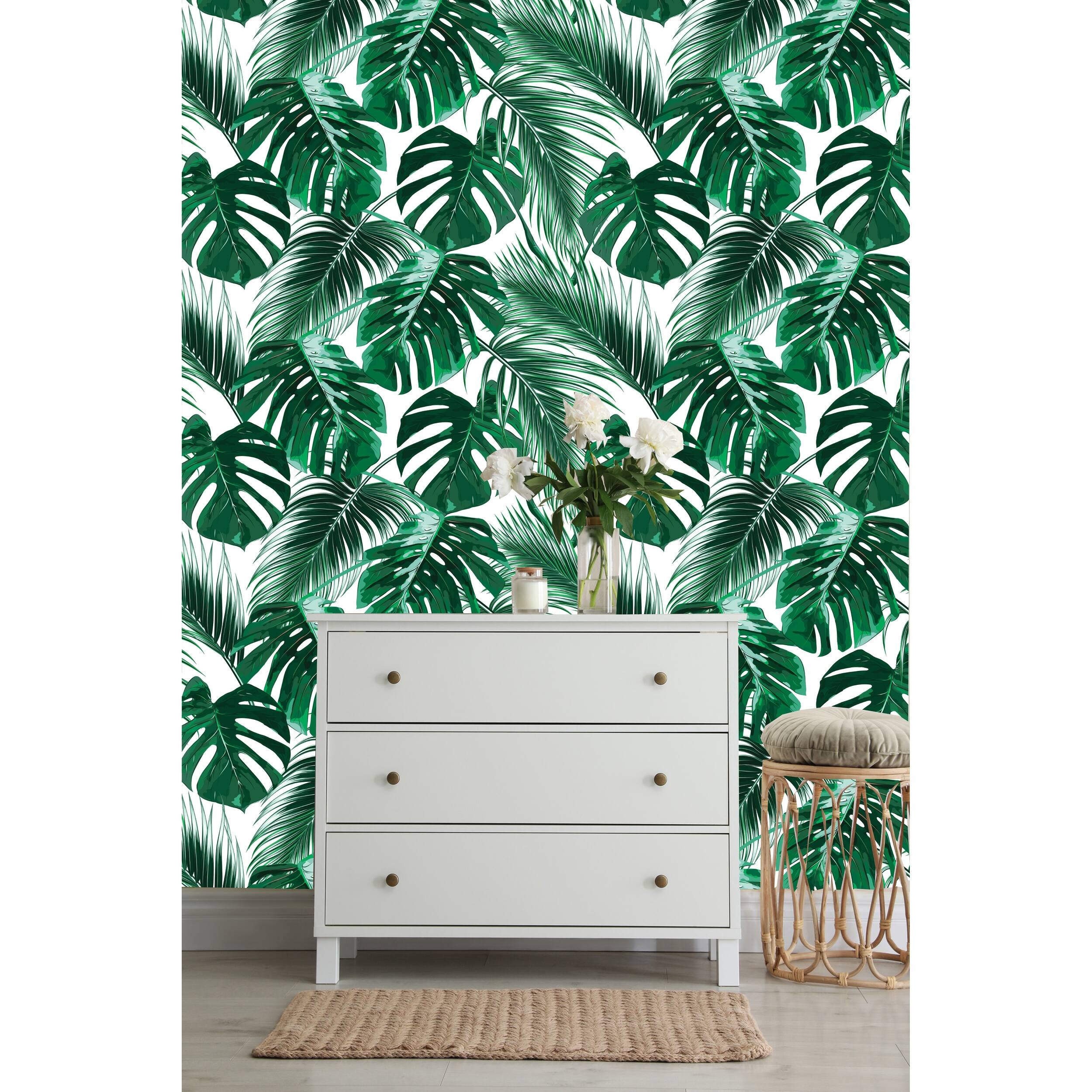 Hawaiian Green Leaves Peel and Stick Wallpaper - 24’’ W x 10’ L - Bed