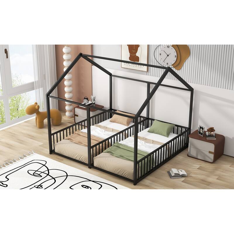 Twin Size House Platform Beds, Two Shared Beds, Black