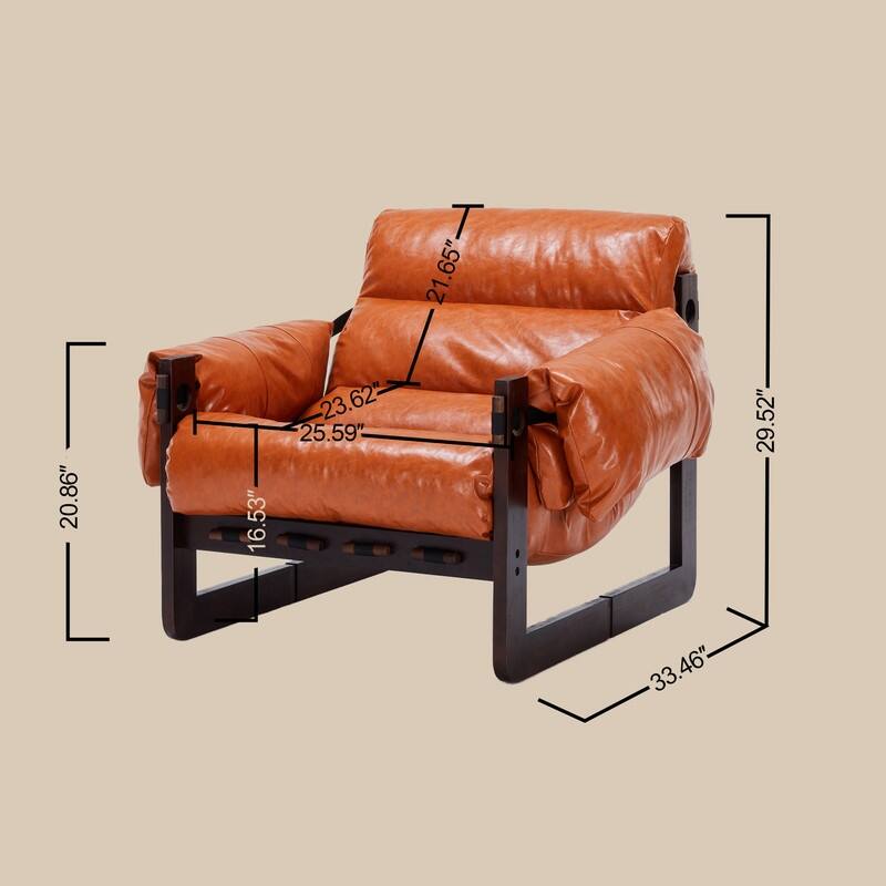 Vintage Orange Medieval Modern Lounge Chair - Removable Armrests, Waxed Leather & Rubberwood Frame