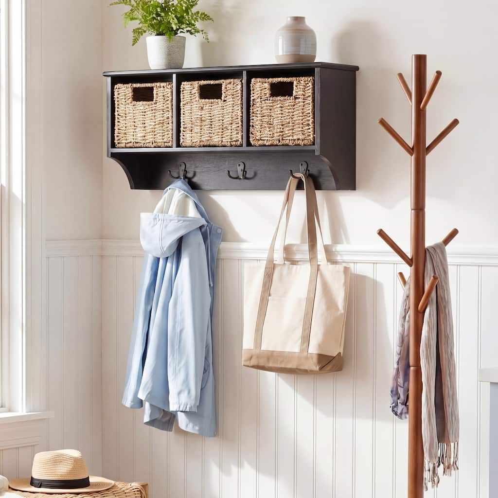 SAFAVIEH Jemina Wall Mounted Storage Rack with 3 Baskets and Hooks, Hanging Organizer for Entryway, Kitchen, or Bathroom