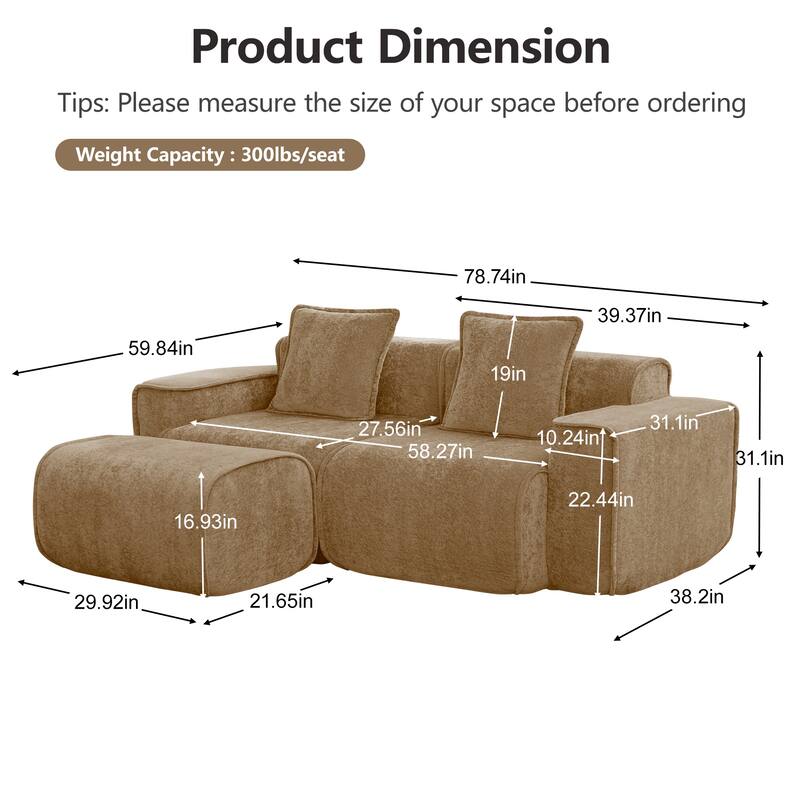 GDFStudio - Streamlined Velvet 2-Seater 78.74" Modular L-Shaped Sofa with Ottoman