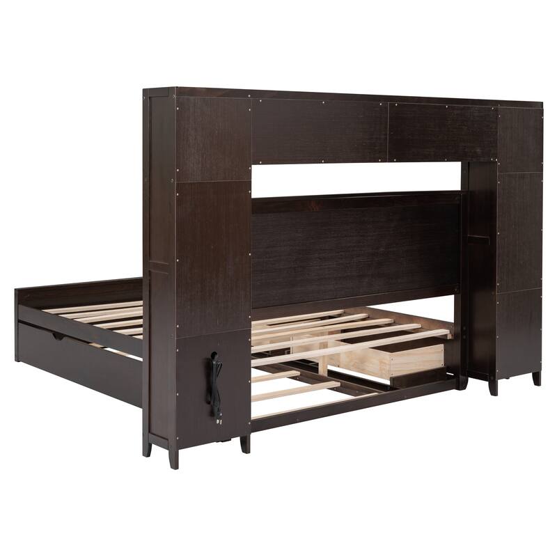 Wood Platform Bed Frame with All-in-One Cabinet and Shelf