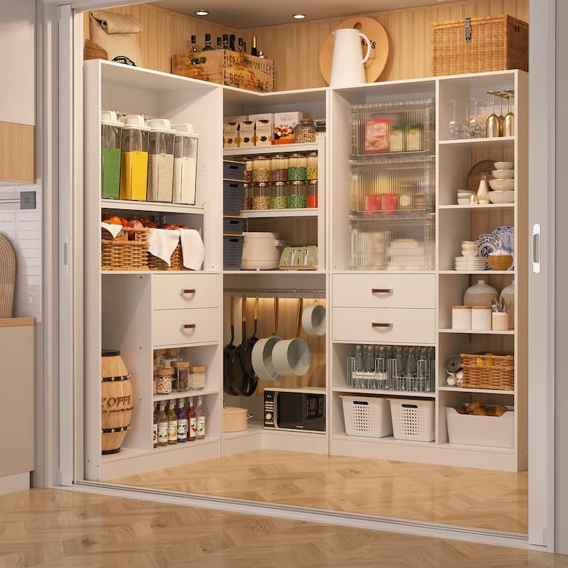 51''-110'' Freestanding Closet Organizer with Hanging Rods, Set of 3 Corner Closet System with Drawers