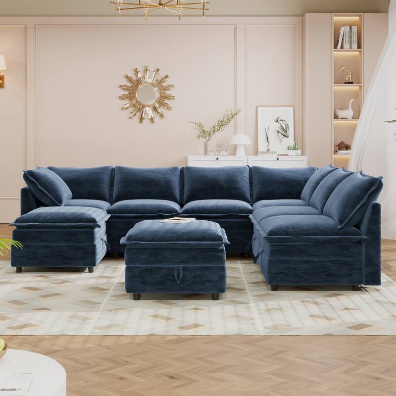 Versatile 8-Piece Modular Sofa Bed with Under-Seat Storage & Movable Ottomans - Blue