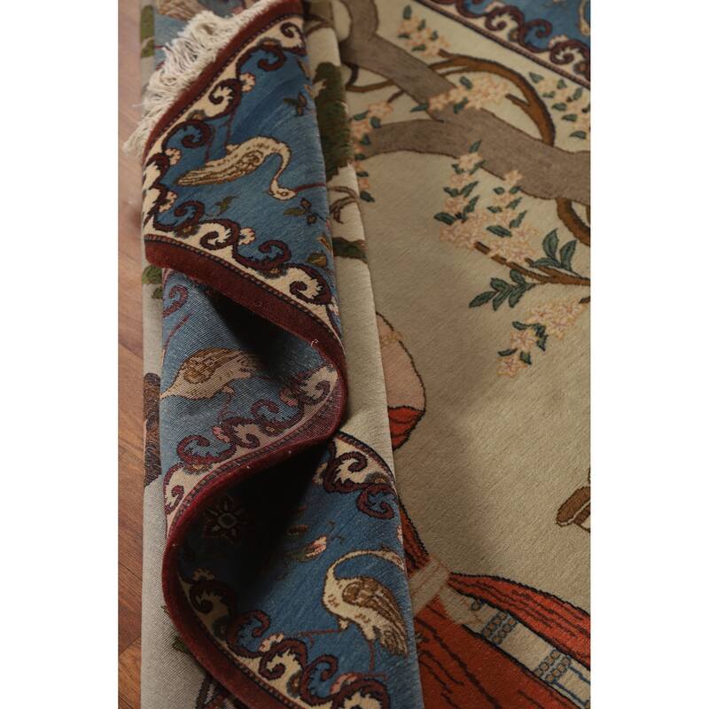 Hand Knotted Oriental 100% Wool Carpet Traditional Pictorial Green Kashan Area Rug - 6' 8'' X 4' 6''