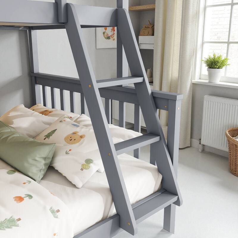 Twin Over Full Rubber Wood Bunk Bed with Twin Trundle, Convertible Ladder, Detachable Design, and Safety Guardrails