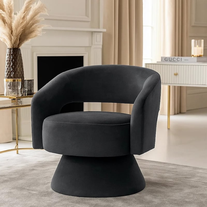 Lessa Swivel Accent Chair, Barrel Style, Foam Padded, Dark Gray Velvet