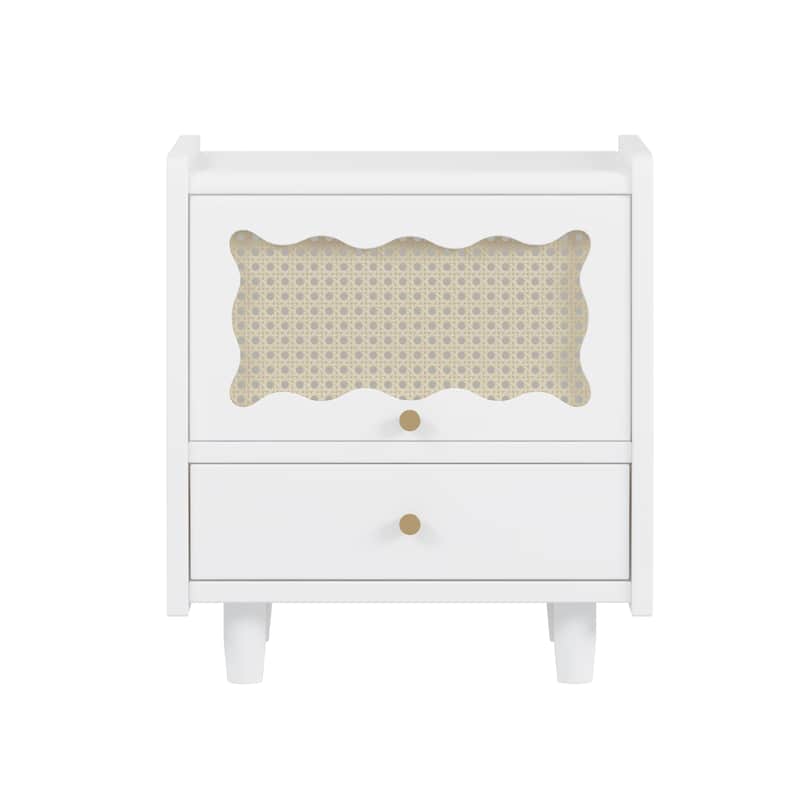 Wooden Nightstand with Flip-Top Cabinet and 1 Drawer, Bedside Tables with Rattan-Woven Storage Cabinet, for Bedroom