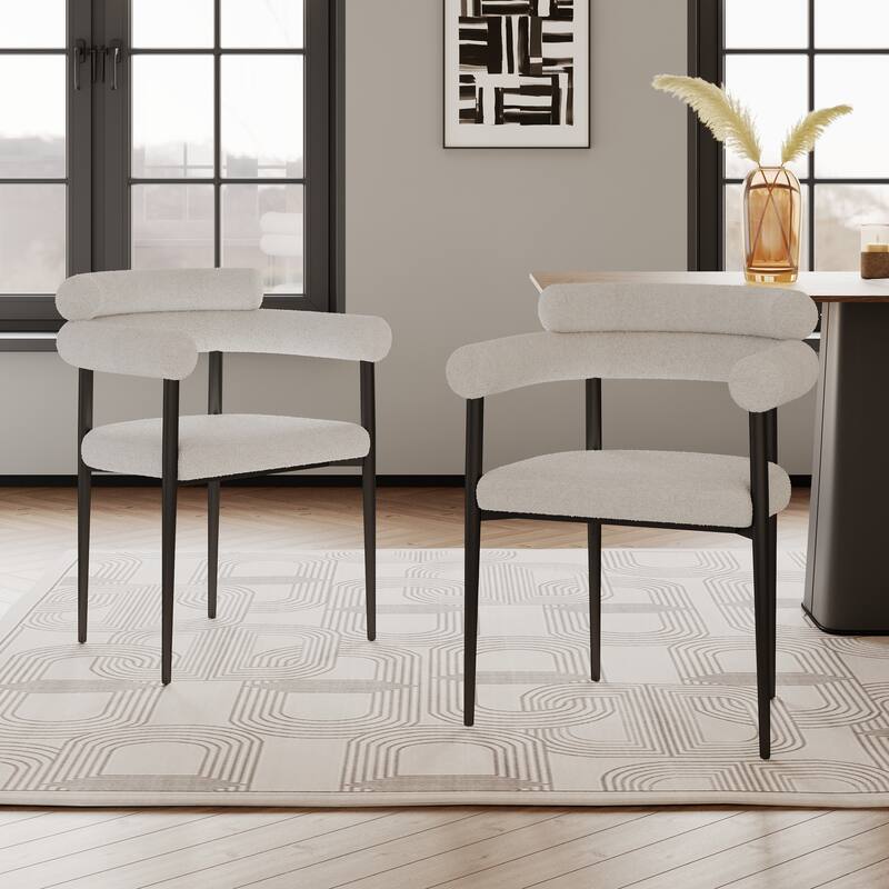 Modern Curved 2 Piece Kitchen Dining Chairs with Cushions, Backrest, Metal Legs for Dining Room Kitchen Living Room Bedroom - White