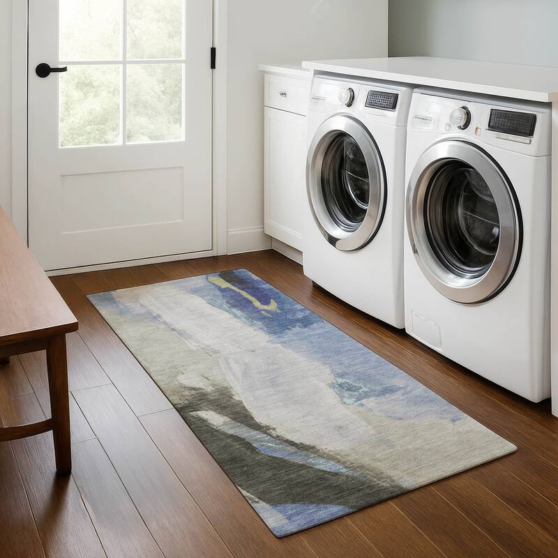 Premium Washable Super Soft Abstract Brushstrokes Mayfield Rug - Denim - 2'3" x 7'6"
