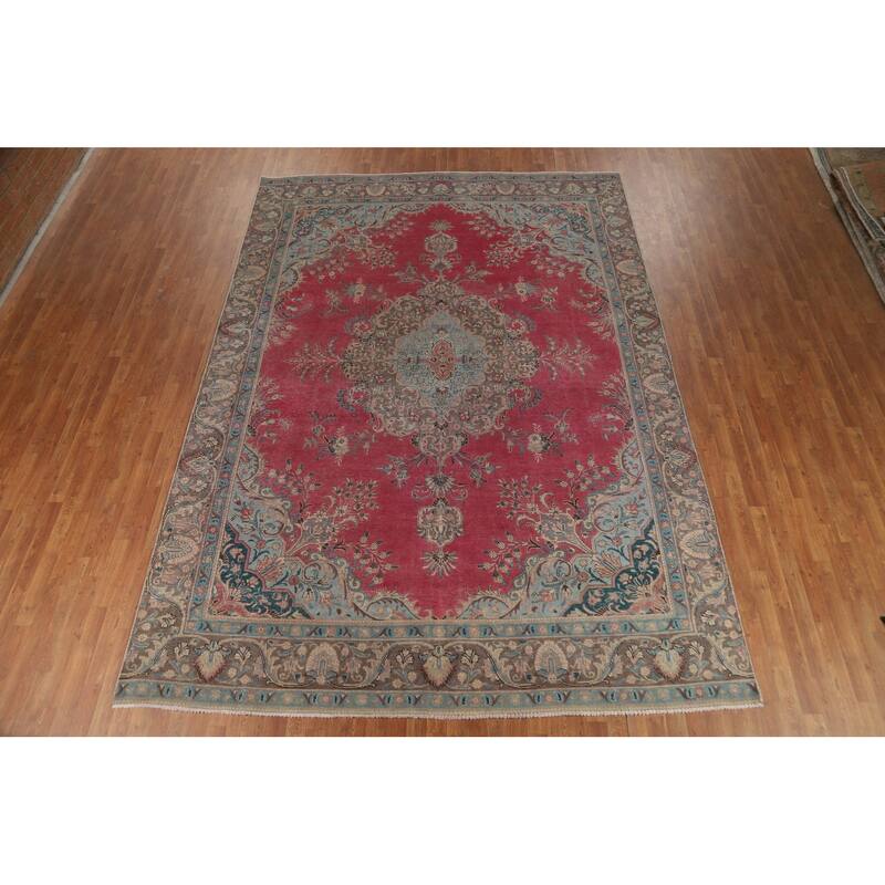 Pink Medallion Tabriz Persian Area Rug Hand-Knotted Wool Carpet - 9'0"x 12'7"