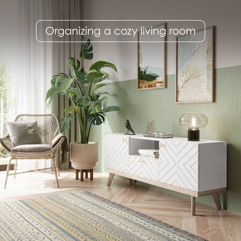Living Skog Alba Beige TV Stand Console with Drawer Fits TV's up to 65 in. with Wood Legs Mid Century Modern Design