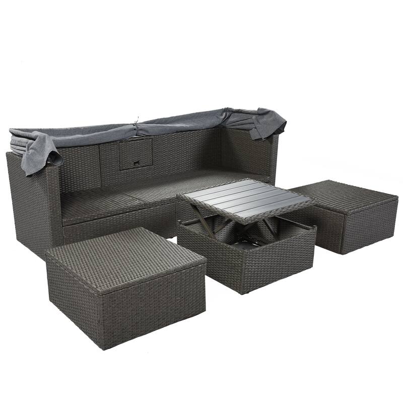 4 Pcs Patio Furniture Set, Outdoor Sectional Sofa Set, Rattan Daybed with Retractable Canopy, Coffee Table with Lifting Top