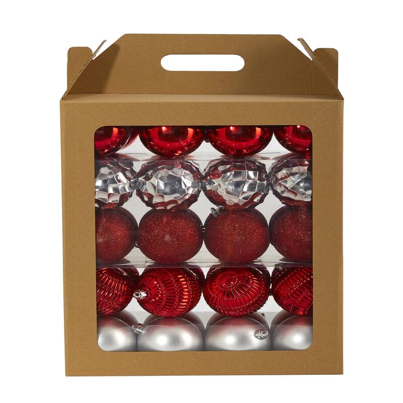 40ct Red & Silver Shatterproof 5-Finish Christmas Ball Ornaments 3"
