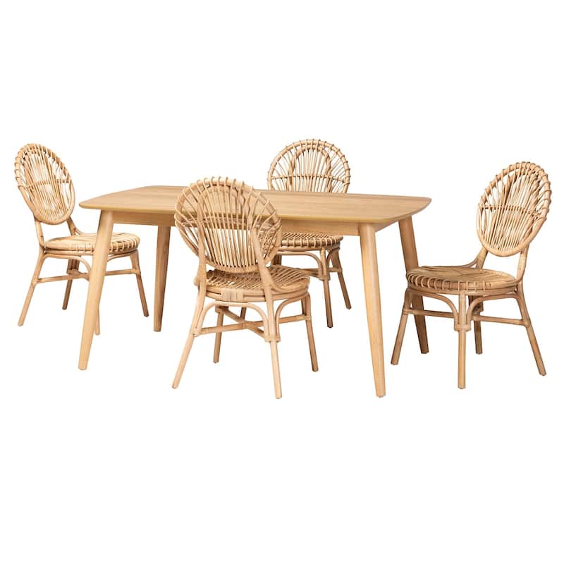 Iris Modern Bohemian Natural Brown Rattan 5-Piece Dining Set - Natural Brown - 5-Piece