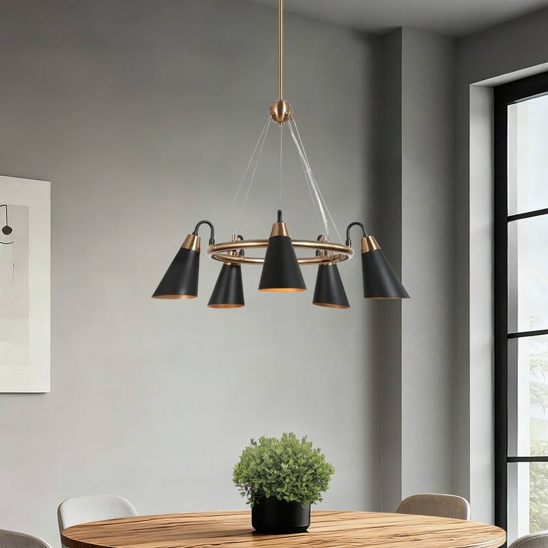 Modern 5-Light Black Gold Chandelier Wagon Wheel Pendant Lights with Metal Shades - 23.5"L x 33.5"H