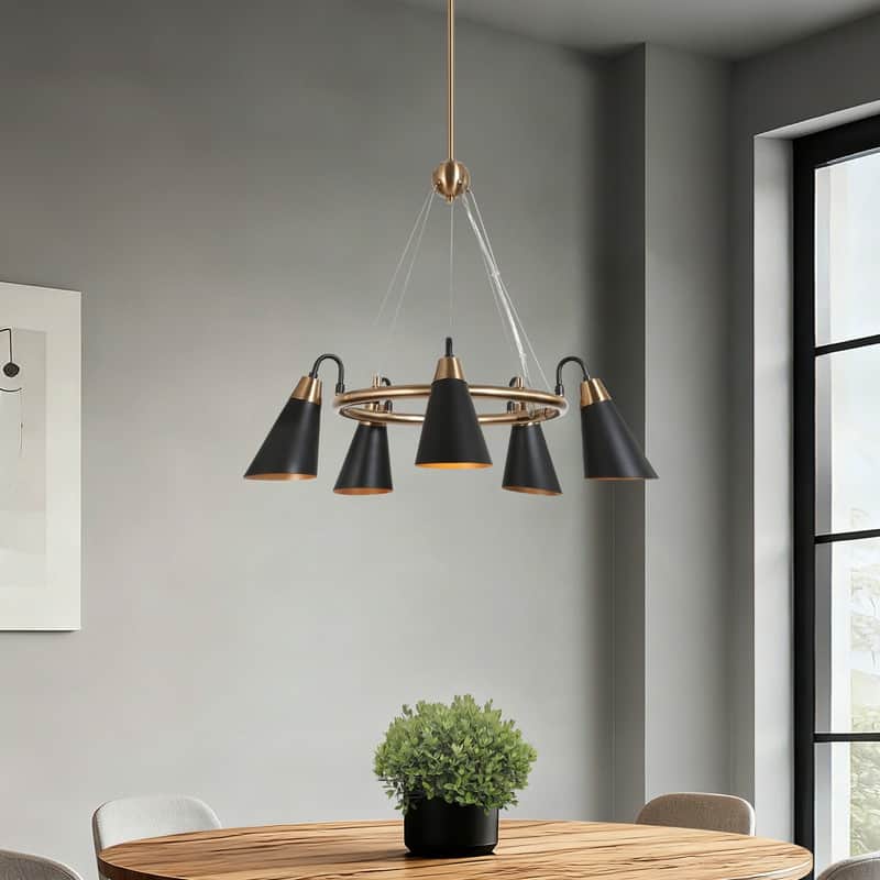 Modern 5-Light Black Gold Chandelier Wagon Wheel Pendant Lights with Metal Shades - 23.5"L x 33.5"H