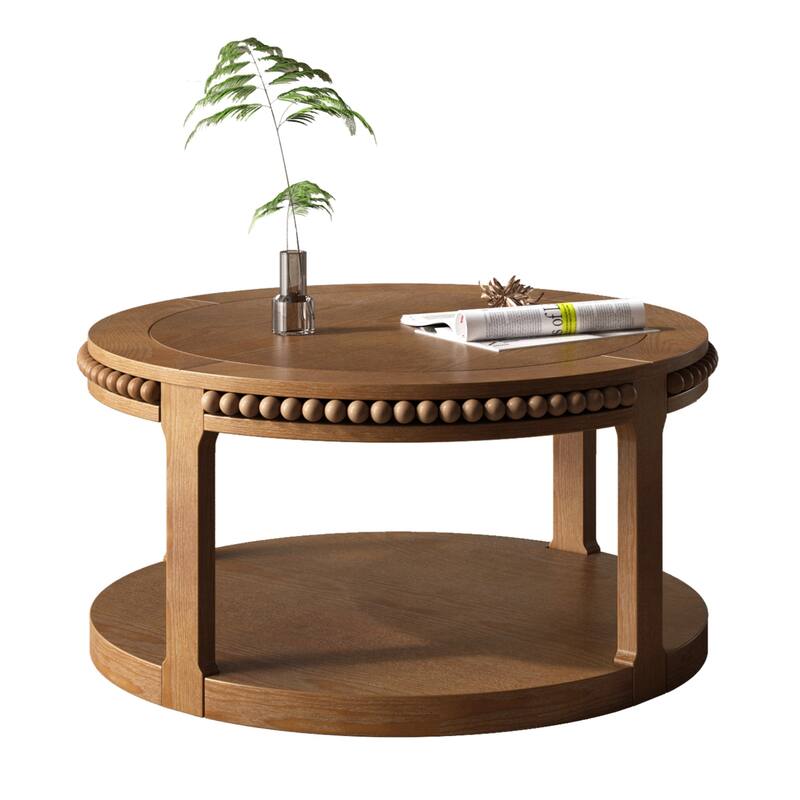 31.5 inch Round Solid Wood Coffee Table Two Tier Thickened Top Sturdy Legs Living Room Walnut