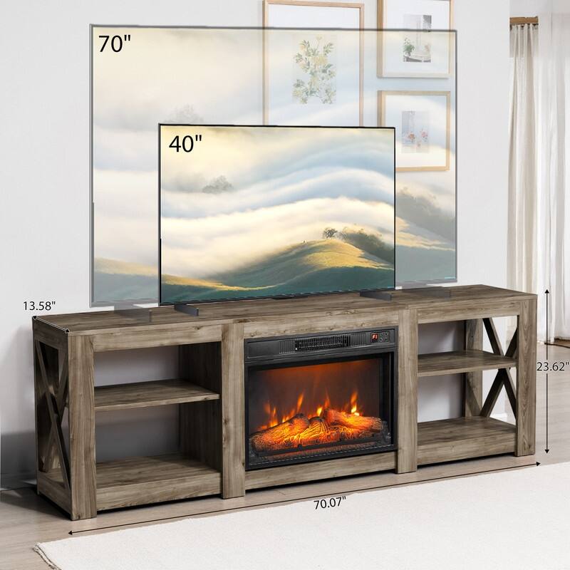 Farmhouse 70'' TV Stand For Tvs Up To 70'' With 23'' Electric Fireplace and Adjustable Shelves