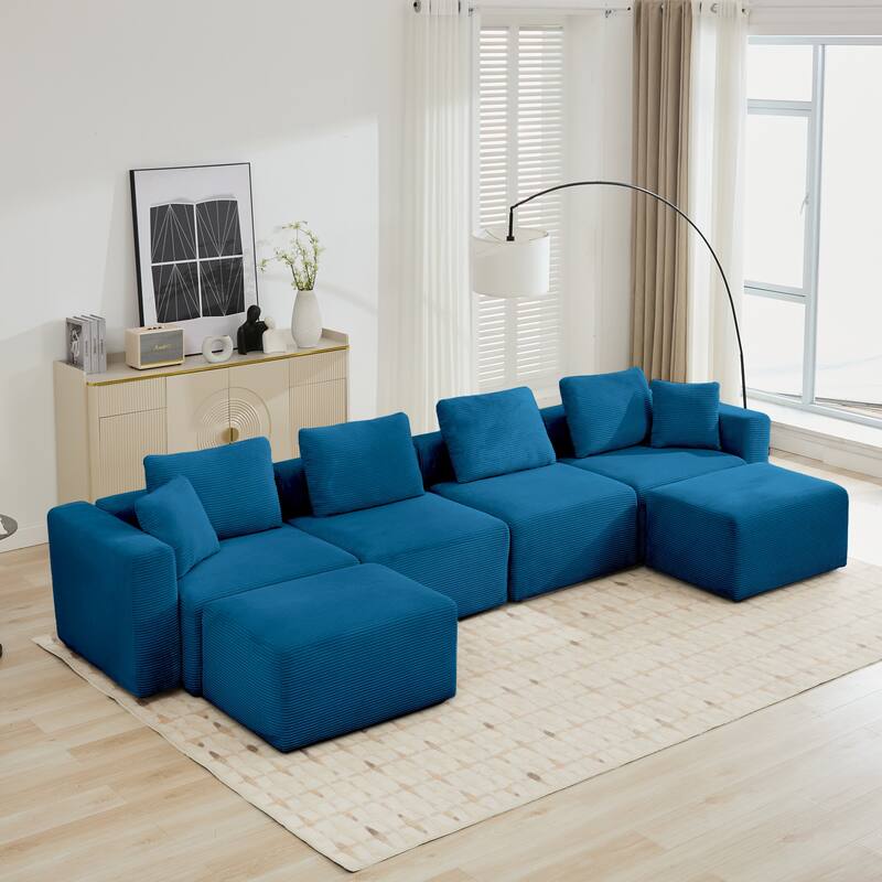 U-shaped Corduroy Sectional Sofa with 2 Large Ottomans, Square Arms & Ottoman Extension