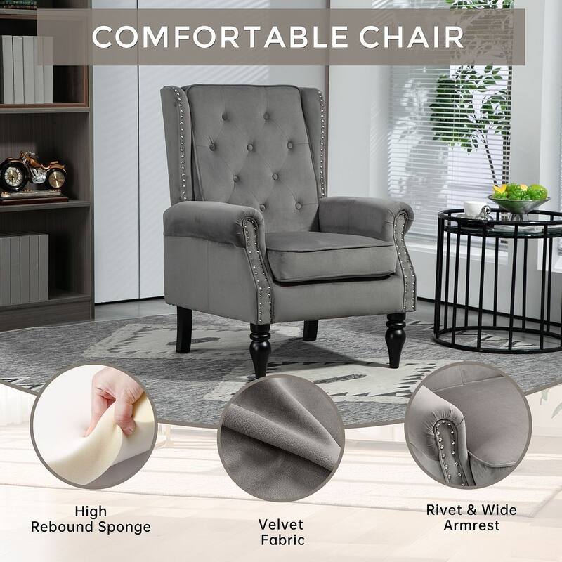 Transitional Wingback Accent Chair Armchair with Sturdy Wood Legs