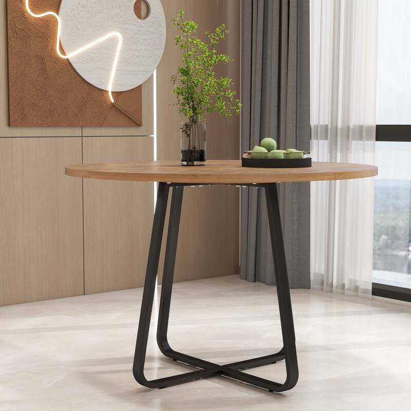 43.3" Round Dining Table for 4-6 People, MDF Wood Tabletop with Metal Legs, Modern Kitchen Table with X-Shaped Base