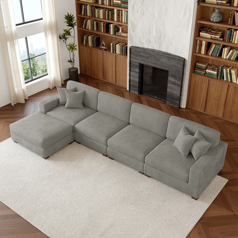 Oversized Chenille Modular Sectional Sofa Living Room Set with Ottoman - Grey/5 Piece