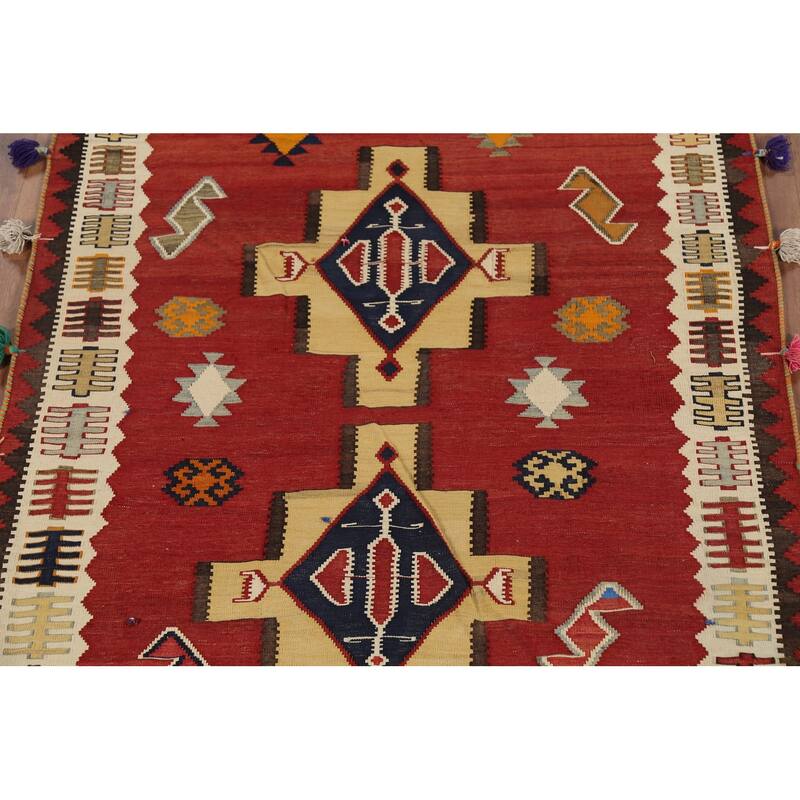 Red Kilim Qashqai Persian Vintage Rug Hand-Knotted Wool Carpet - 4'3"x 7'2"