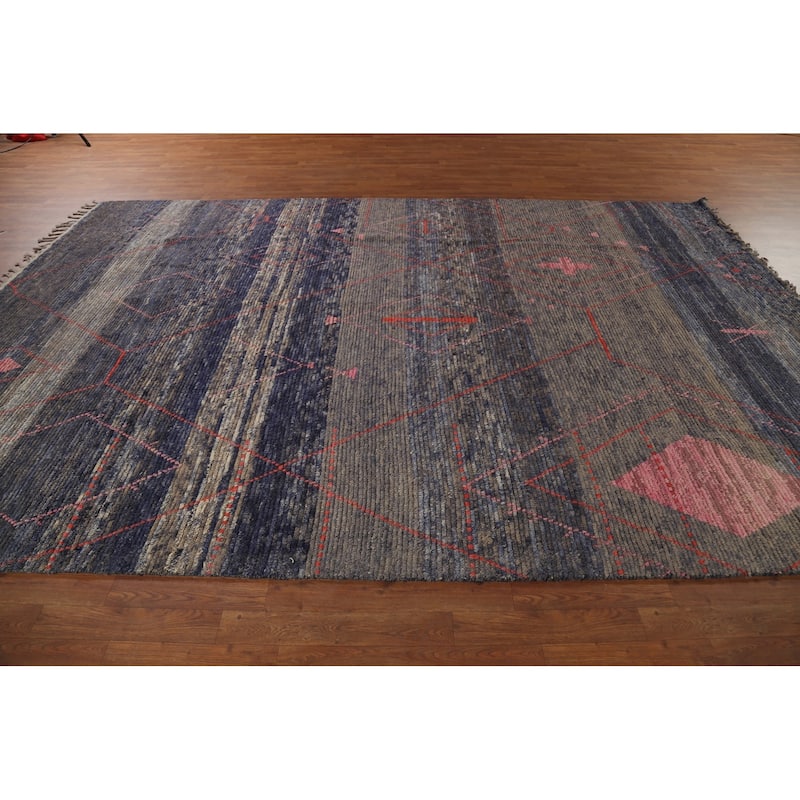 Blue Striped Moroccan Area Rug Hand-Knotted Wool Carpet - 8'2"x 12'3"