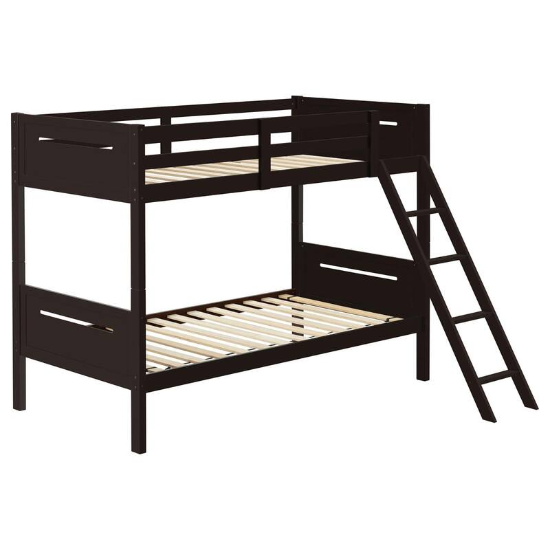 Twin over Twin Wood Bunk Bed with Built-in Ladder and Convertible to Two Single Beds