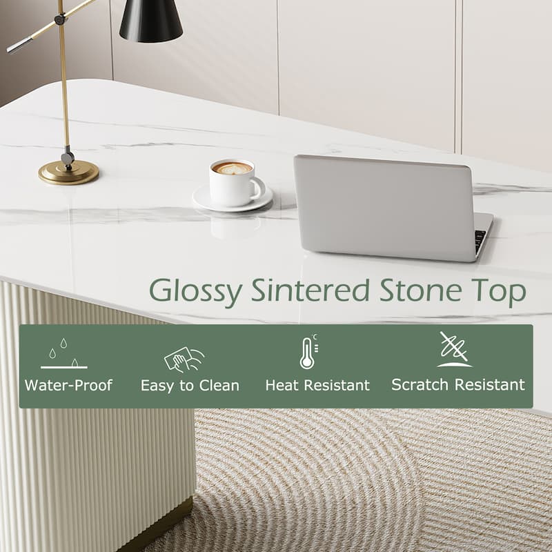 63" Modern White Writing Table, Retacgular Desk With Glossy Sintered Stone Table Top, Double Roman Column Legs