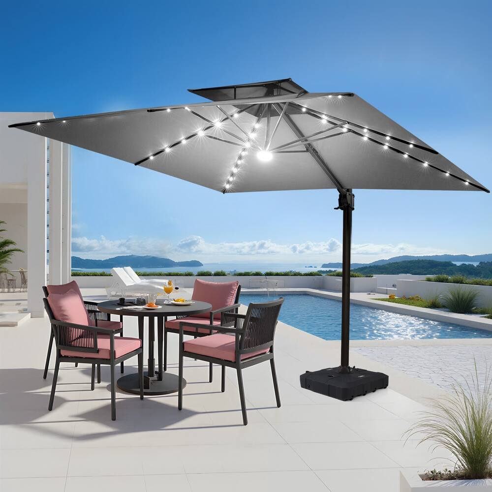 Pellebant 9x11FT Outdoor Dual Top Cantilever Patio Umbrella LED Light with HDPE Base