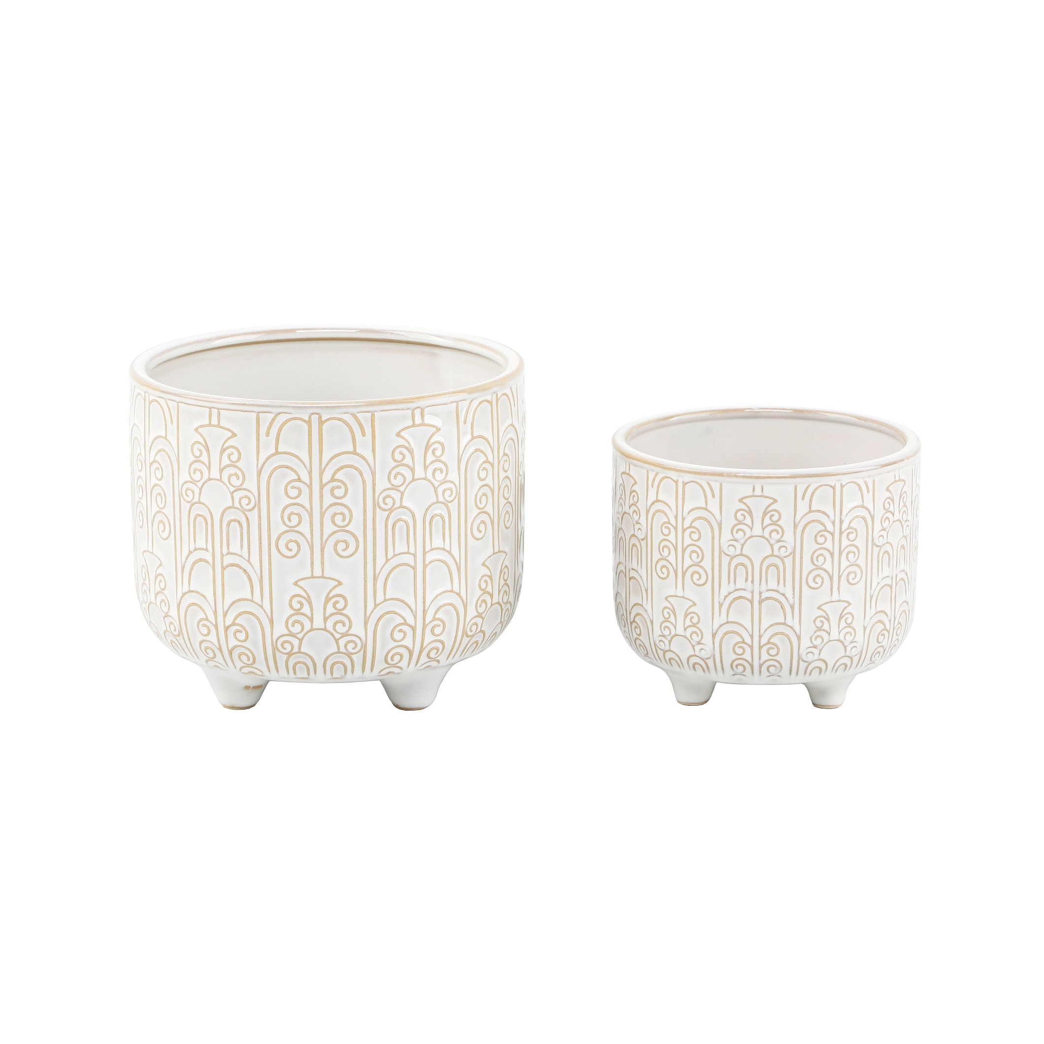 Set of 2 Ivory Ceramic Art Deco Footed Planters