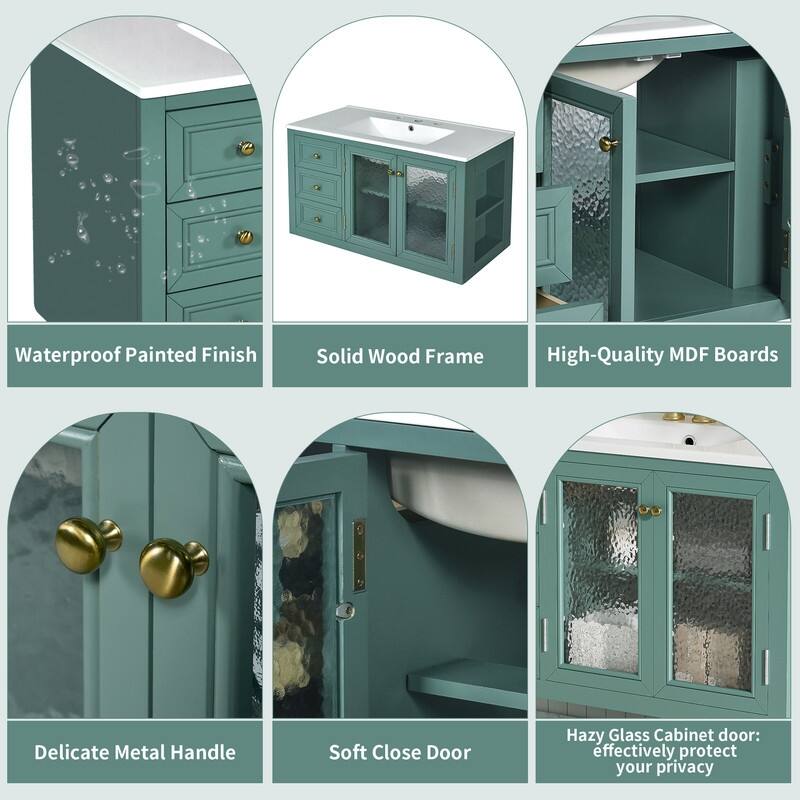 Bathroom Vanity with 36-inch Sink, Wood Modern Bathroom Storage Cabinet with 3 Drawers & 2 Soft Close Glass Doors