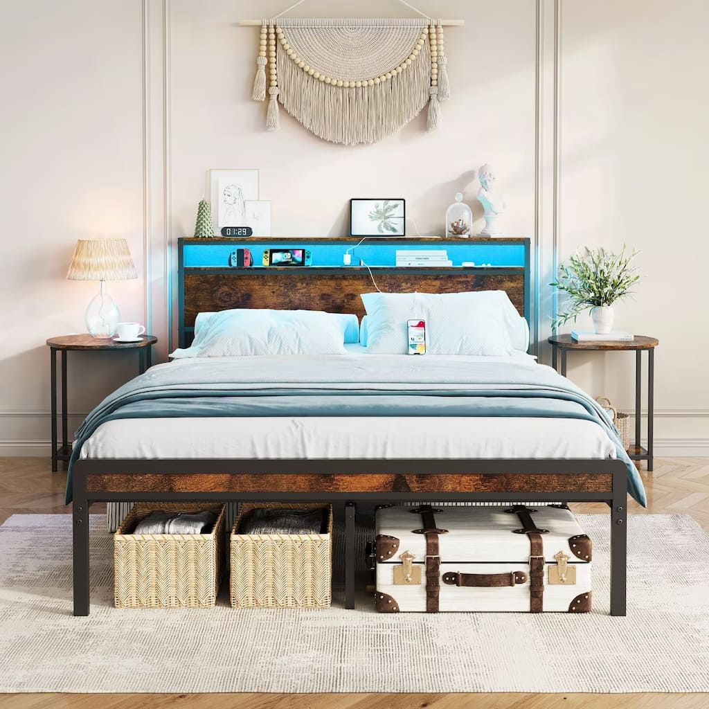 Full Size Metal Bed Frame with LED Lighting, Heavy Duty Foundation with Steel Slat Support