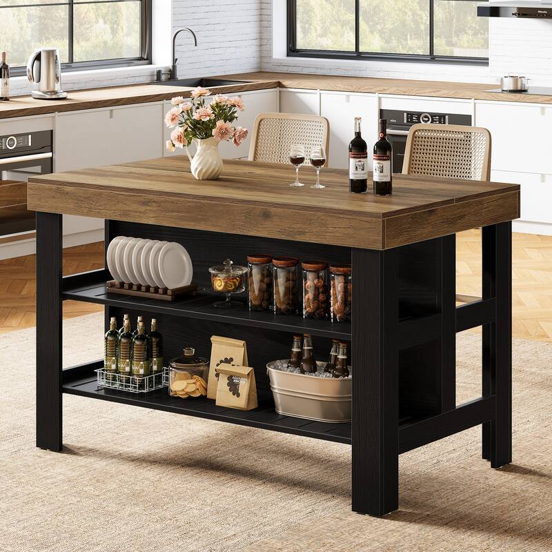 Kitchen Island with Seating and Storage Shelves - With Seating - Black - Wood
