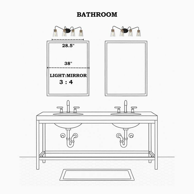 Modern Farmhouse 4-Light Black Gold Bathroom Vanity Lights Dimmable Seeded Glass Wall Lighting - 28.5" L x 7" W x 9.5" H