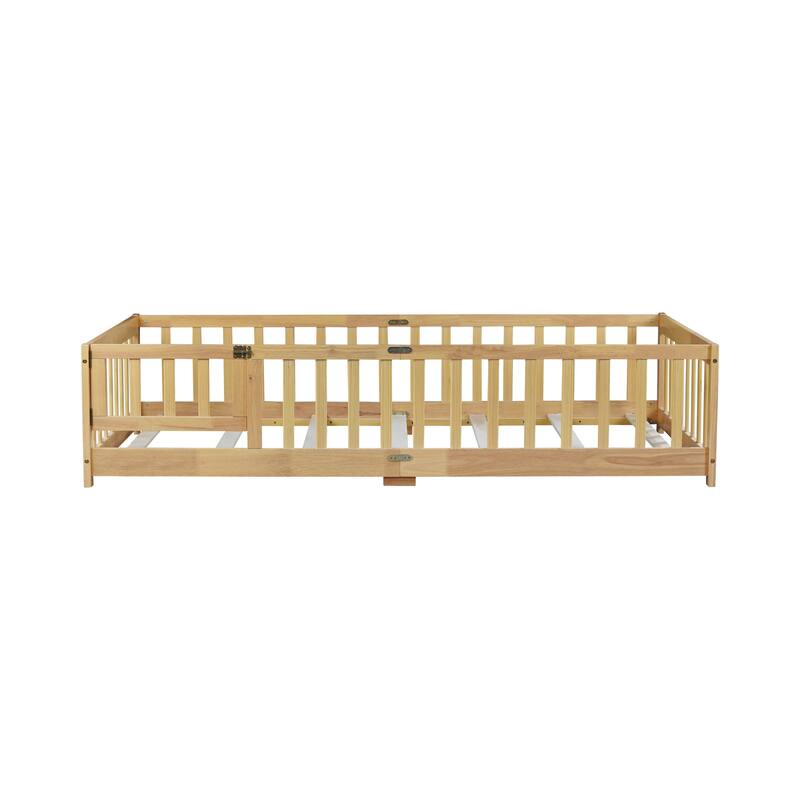 Twin Size Floor Bed with Safety Fence, Natural Rubber Wood, Easy Assembly, Compact Design
