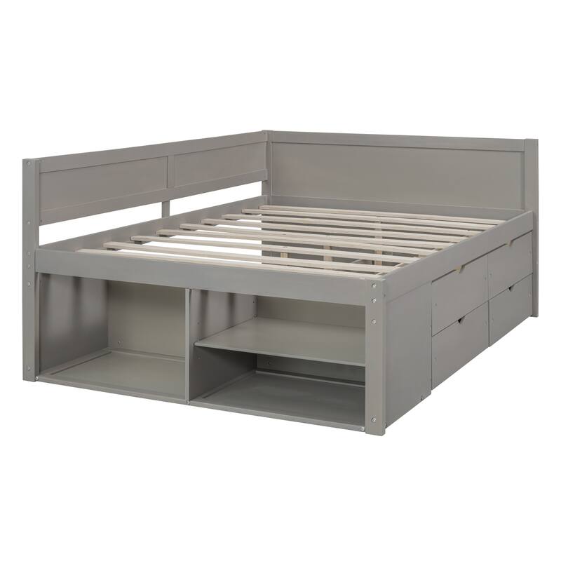 Storage Bunk Bed with Trundle, Full/Twin Size Bed Frame with 3 Drawers and Shelves