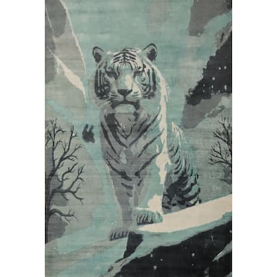 Hand Knotted Oriental Viscose Silk Carpet Modern Animal Pictorial Green Abstract Area Rug - 7' 10'' X 5' 6''