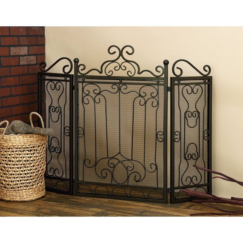 Metal Scroll Foldable Mesh Netting 3 Panel Fireplace Screen - Dark Brown - Roche River Decor