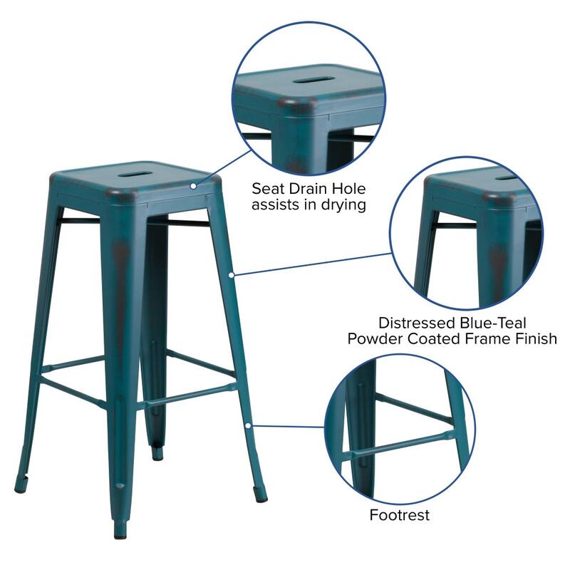 30" High Backless Distressed Metal Indoor-Outdoor Barstool - Patio Chair