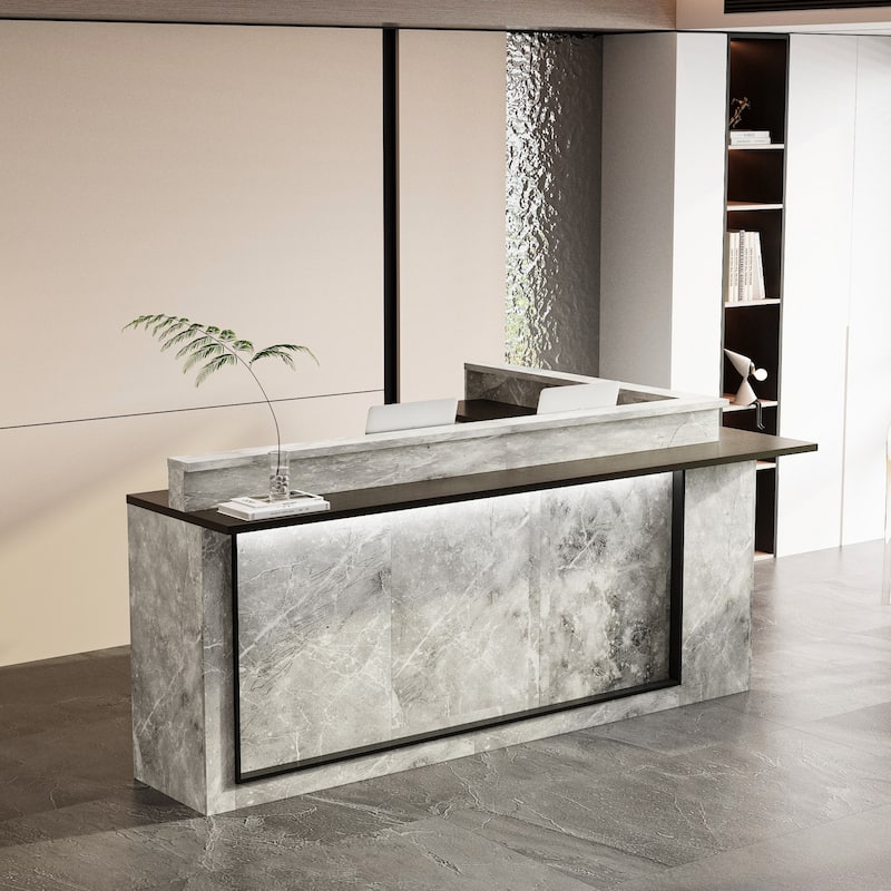 Marble Reception Desk LED Lighting L-Shaped Front Counter Storage Shelves Office, Salon, Hotel