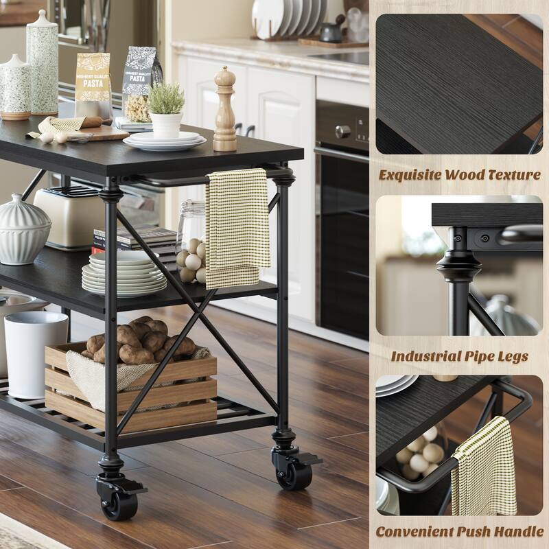 Rolling Kitchen Island Cart with Thick Wooden Top and Storage Shelves - N/A