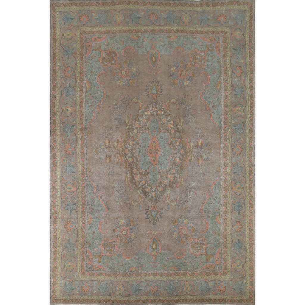 Distressed Gray Tabriz Persian Vintage Area Rug Handmade Wool Carpet - 8'8"x 12'0"