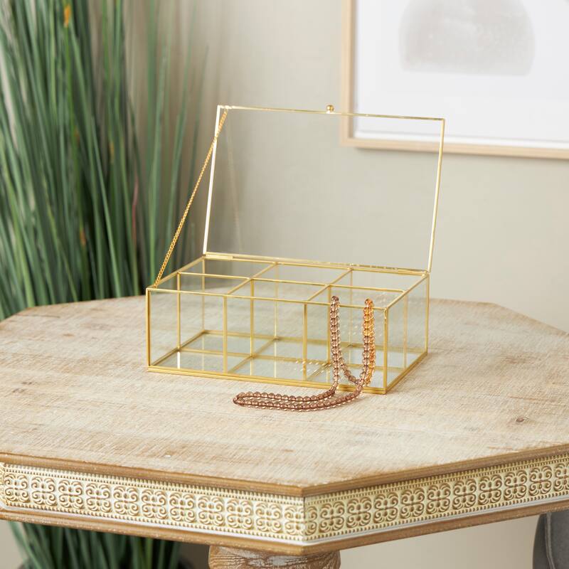 Clear Glass 3 or 6 Slot Jewelry Box with Gold Metal Frame and Chain Accent - Clear - 10"W, 4"H